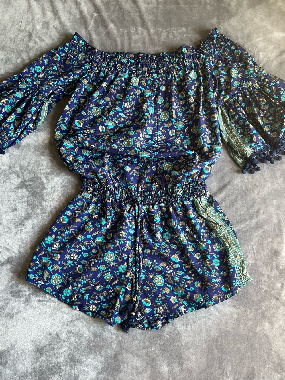 RAGA Anthro Navy Floral Smocked Waist Top